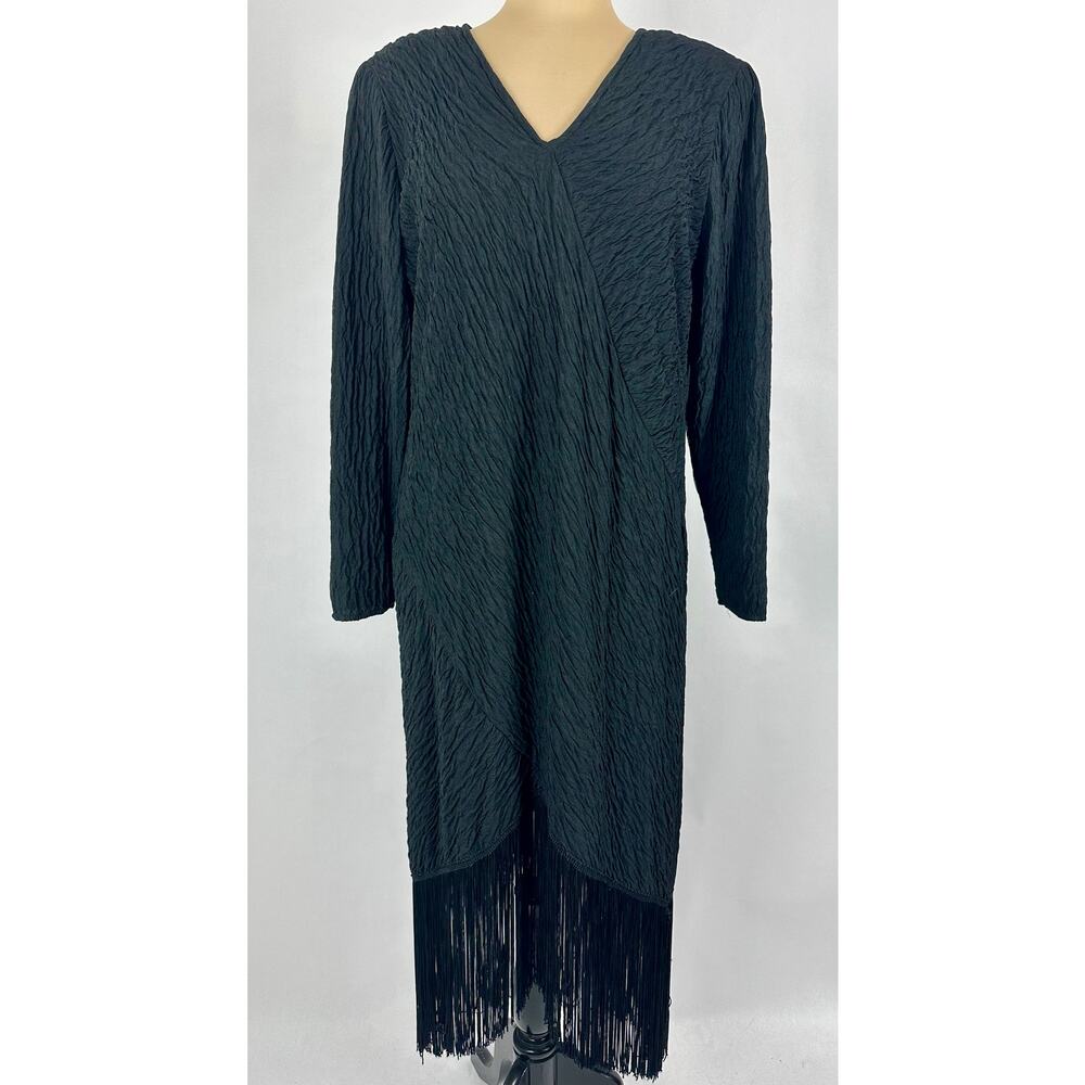 VTG 80s Riccardo Black Fringe Cocktail Dress Batwing Gatsby Glam Size 14 20s